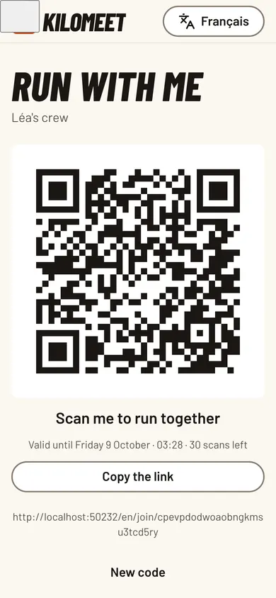 The “Run with me” screen: a large QR and the “Share” button.