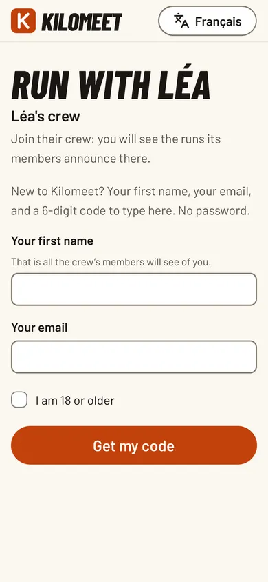 The “Run with Léa” page: the first name, the group’s name and the “Join” button.