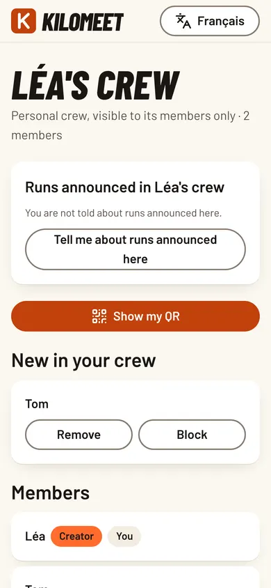 The group page: the members’ first names, with Remove and Block.