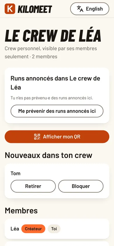 La page du groupe : les prénoms des membres, avec Retirer et Bloquer.
